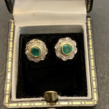 18ct yellow gold pre-loved emerald and diamond cluster earrings.