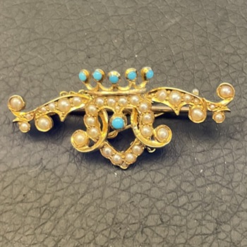 15K pre-loved pearl and turquoise brooch.