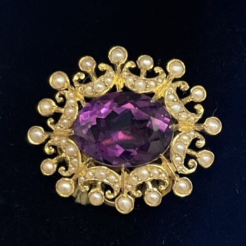 yellow gold amethyst and seed pearl brooch