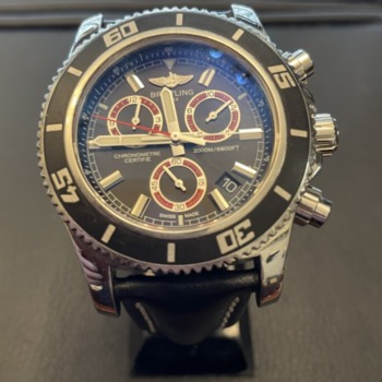 Pre-loved Breitling Superocean Quartz on black leather strap.