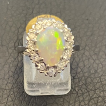 Pre-loved 18ct white gold  pear shaped opal and diamond set cluster ring.
