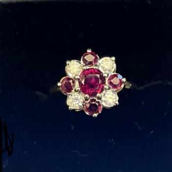 18ct yellow gold ruby and diamond cluster ring.