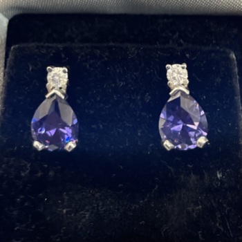 18ct white gold pear shapes tanzanite and diamond drop earrings.